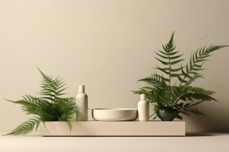 Simple plant-themed backdrop with room for text. Subdued tones highlight product display such as a dの素材