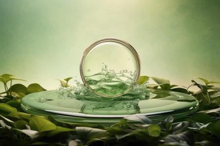 This is a flat lay cosmetic mockup featuring a transparent green water texture with splashes and wavの素材