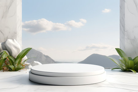There is a white podium made of marble placed against a natural backdrop, suitable for showcasing prの素材