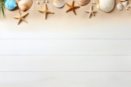 This image depicts a birds-eye view of various summer beach-related items, providing ample space forの素材