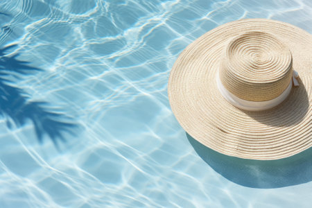 Top view of a minimalistic summer-themed creative background featuring a flat lay arrangement of sunの素材