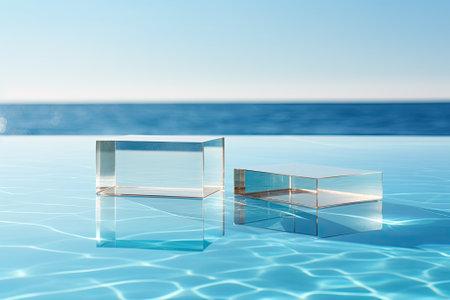 Two vacant glass podiums, square in shape and devoid of any objects, resting on a tranquil and transの素材