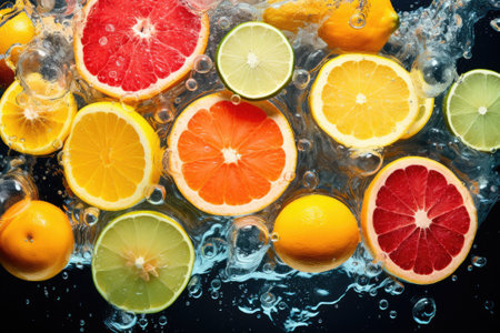 This is a top-down view of a vibrant image showcasing various fruits, including citrus lemon, kiwi,の素材