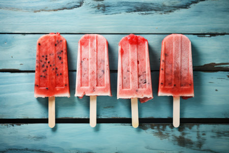 Watermelon slice frozen treats displayed on a backdrop of weathered blue wood.の素材