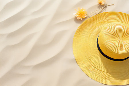 Top view flat lay of a yellow straw hat for women, accompanied by sunglasses and a beach accessory,の素材