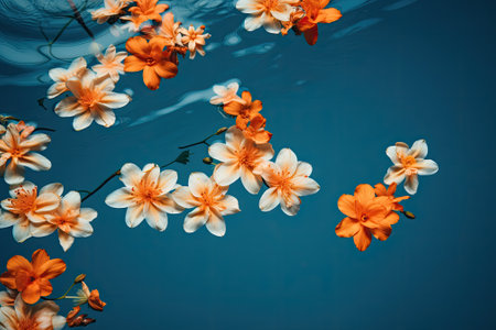Top view of orange flowers placed on a blue water backdrop in a flat lay composition.の素材
