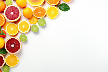 A background of fruit consisting of a variety of vibrant and fresh fruits placed on a white table. Iの素材