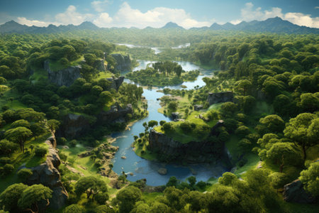 A bird's-eye view of a lush, untouched forest. Depicting the concept of a pristine, sustainable enviの素材