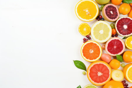 A background of fruit consisting of a variety of vibrant and fresh fruits placed on a white table. Iの素材
