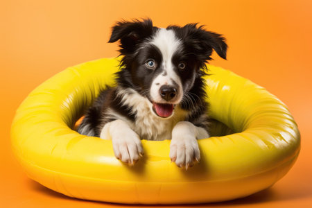 A Border Collie puppy is pictured inside a watermelon-shaped inflatable, sporting sunglasses. The adの素材