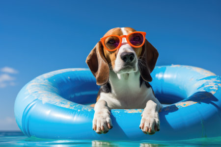 A beagle dog, sporting sunglasses and a buoyant swim ring, is pictured against a serene blue backdroの素材