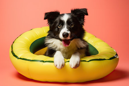 A Border Collie puppy is pictured inside a watermelon-shaped inflatable, sporting sunglasses. The adの素材