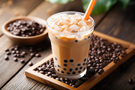 A close-up image showcases a table with a delicious Pearl Bubble Tea, specifically Taiwan brown sugaの素材