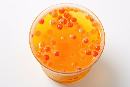 A close-up, top-down view of a vibrant and refreshing orange boba drink with fruit fizzy jellies andの素材