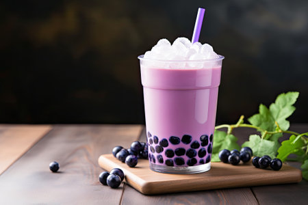 A beverage known as bubble tea is prepared by mixing milk and black currant berries together, alongの素材