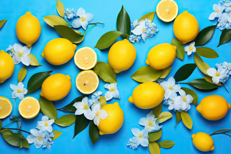 A bright blue background with a flat arrangement of fresh lemon design.の素材