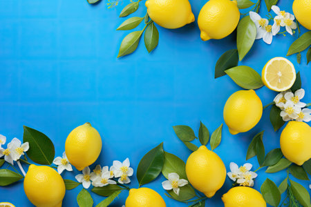 A bright blue background with a flat arrangement of fresh lemon design.の素材