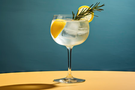 A close-up shot taken from a low angle captures a stylish and sophisticated gin and tonic cocktail,の素材