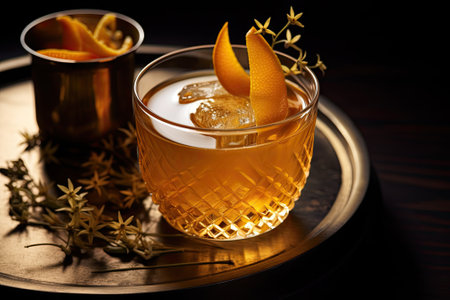 A classic cocktail featuring an orange twist as decoration, set apart from other elements.の素材