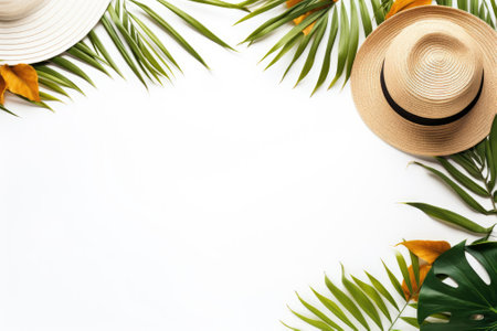 A collection of traveler accessories placed on a white background with tropical palm leaf branches,の素材