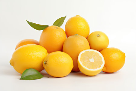 A collection of ripe lemons and oranges placed on a white surface.の素材