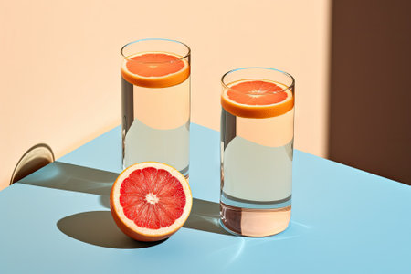 A creative summer concept featuring two glasses of beverage adorned with fresh grapefruit slices plaの素材