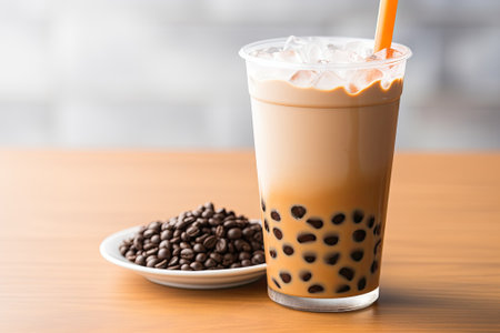 A close-up image showcases a table with a delicious Pearl Bubble Tea, specifically Taiwan brown sugaの素材