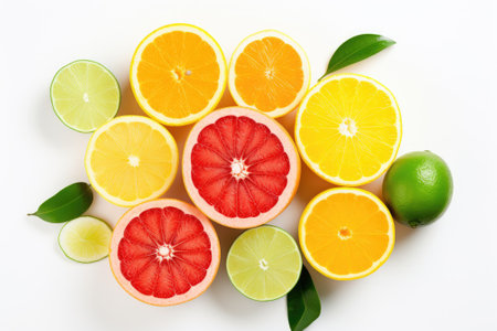 A collection of vegan citrus fruits, arranged neatly on a white background. These healthy and organiの素材