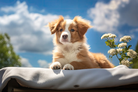 A delightful and endearing young dog is gracefully perched upon a cozy mat, surrounded by flourishinの素材