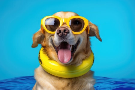 A comical dog is enjoying its summer by going on vacations and donning a buoyant yellow ring while pの素材