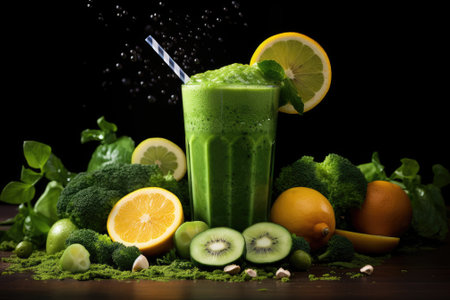 A healthy smoothie consisting of fresh, organically sourced green fruits and vegetables blended togeの素材
