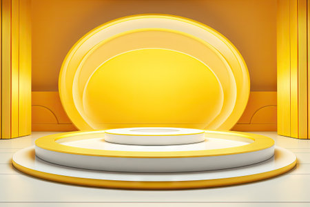A 3D depiction of a dynamic yellow artwork with a podium. This minimalistic studio design features aの素材
