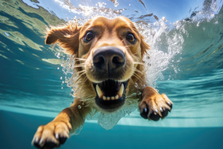 A dog is seen swimming in a pool during the summer, with the camera intentionally blurring the backgの素材
