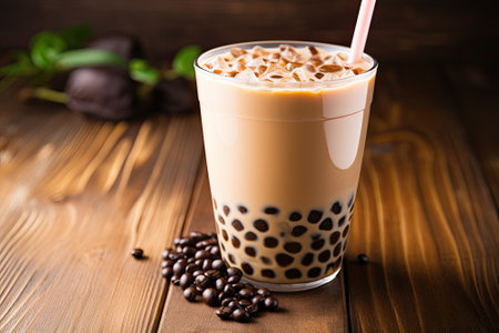 A homemade milk bubble tea containing tapioca pearls, displayed on a wooden background.の素材