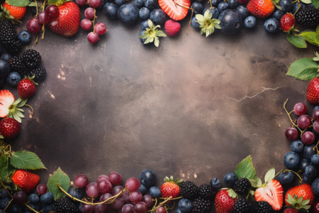 A grunge background forms the frame for a fruit composition consisting of strawberries, blueberries,の素材