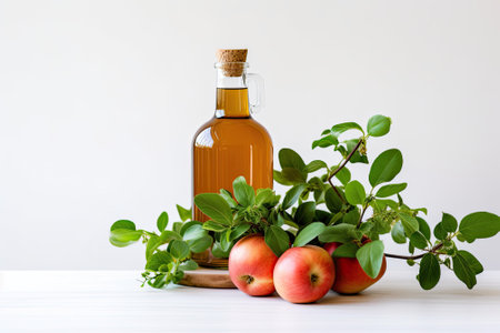 A homemade apple cider vinegar bottle is presented on a white background, adorned with freshly pickeの素材
