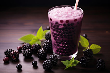 A beverage known as bubble tea is prepared by mixing milk and black currant berries together, alongの素材