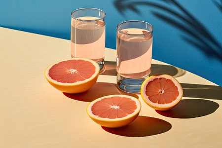 A creative summer concept featuring two glasses of beverage adorned with fresh grapefruit slices plaの素材