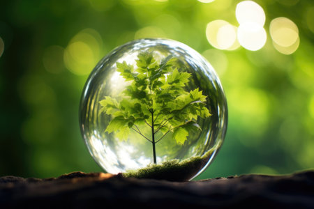 A glass globe ball with a tree sprouting inside and a blurry green nature background, symbolizing enの素材