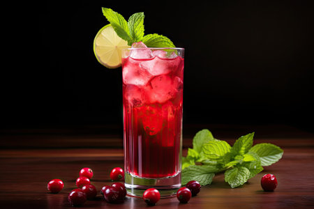 A cranberry drink garnished with fresh mint leaves.の素材