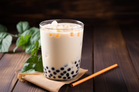 A homemade milk bubble tea containing tapioca pearls, displayed on a wooden background.の素材