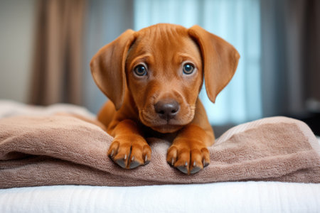 A lovely, attractive brown puppy resting on a towel. Getting ready and organizing for a trip. Detailの素材