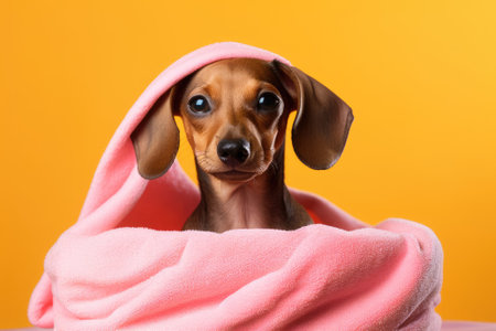A Dachshund puppy is being bathed during the summer, and it is wearing sunglasses and has a humorousの素材