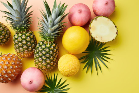 A mixture of tropical fruits including pineapples and coconuts placed on a soft pink background. Theの素材