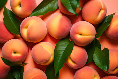 A flat lay arrangement showcasing ripe peaches placed on a vibrant colored background.の素材