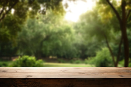 A depiction of a vacant wooden table with no objects on it, set against a blurred background of a luの素材
