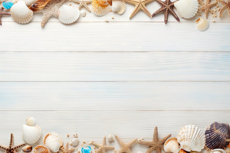 A gorgeous beach backdrop for a summer holiday, featuring various accessories and seashells on a whiの素材