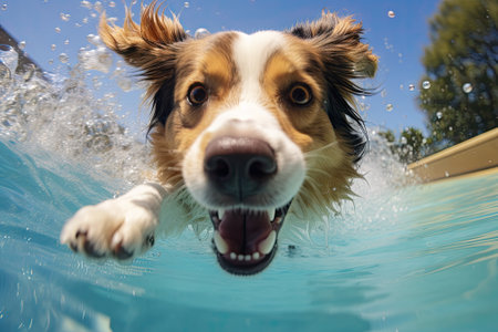 A dog is seen swimming in a pool during the summer, with the camera intentionally blurring the backgの素材