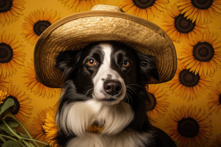 A detailed image of a border collie wearing a straw hat, captured from a close range.の素材