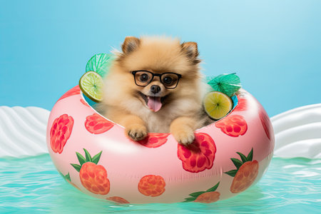 A cute Pomeranian puppy is depicted in a vibrant summer scene, sitting inside an inflatable watermelの素材